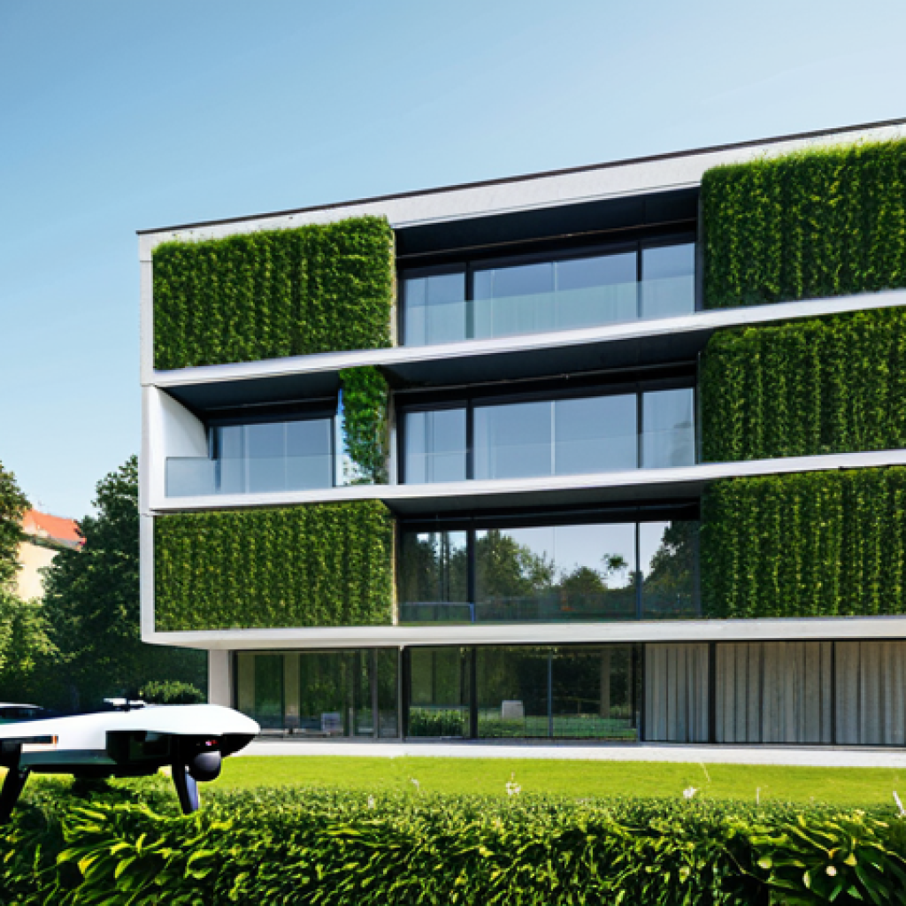 **

A modern building exterior, showing a drone inspecting the facade, fully clothed maintenance worker nearby, lush green landscaping, bright daylight, professional architecture photography, safe for work, appropriate content, fully clothed, professional, perfect anatomy, correct proportions, natural pose, well-formed hands, proper finger count, natural body proportions.

**
