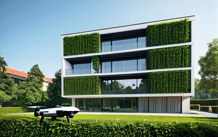 **

A modern building exterior, showing a drone inspecting the facade, fully clothed maintenance worker nearby, lush green landscaping, bright daylight, professional architecture photography, safe for work, appropriate content, fully clothed, professional, perfect anatomy, correct proportions, natural pose, well-formed hands, proper finger count, natural body proportions.

**