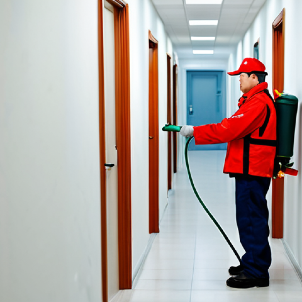 소방 시설 점검 절차 - **Prompt:** An apartment building hallway with a fully clothed maintenance worker inspecting a red f...