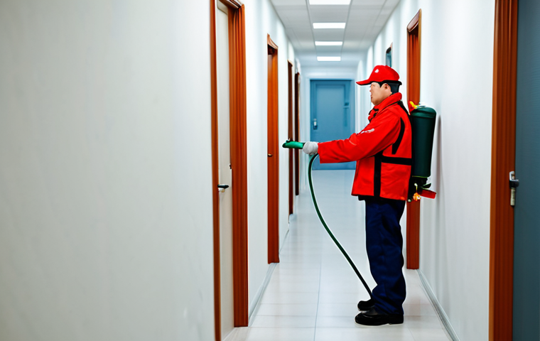 소방 시설 점검 절차 - **Prompt:** An apartment building hallway with a fully clothed maintenance worker inspecting a red f...