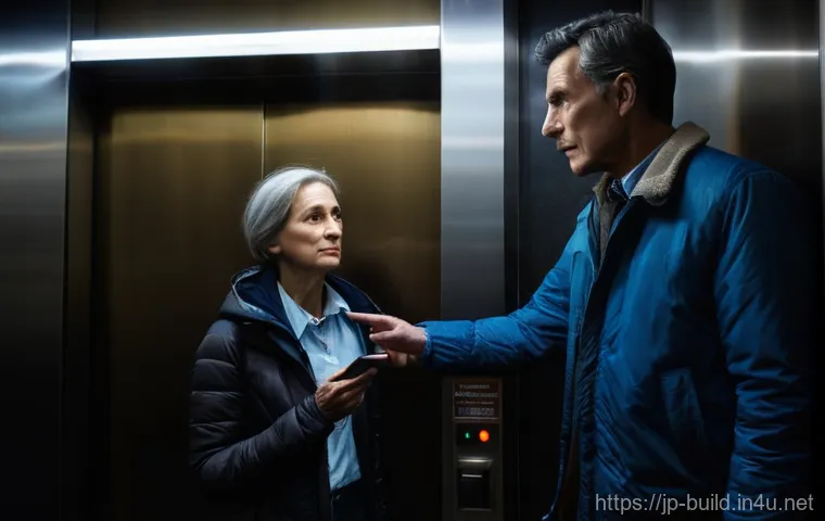 엘리베이터 긴급 대응 매뉴얼 - **Prompt: Elevator Emergency Stop - Initial Calm Response**
    "A realistic indoor shot of a modern...
