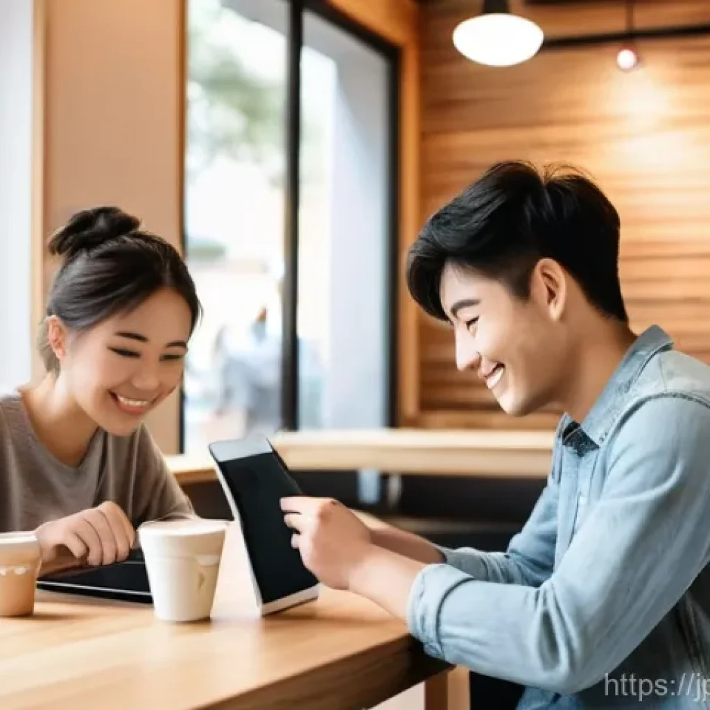 공용 와이파이 설치와 유지 - **Prompt:** A cozy, modern Japanese cafe interior filled with diverse customers enjoying the free Wi...