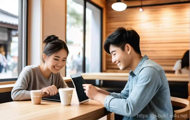 공용 와이파이 설치와 유지 - **Prompt:** A cozy, modern Japanese cafe interior filled with diverse customers enjoying the free Wi...
