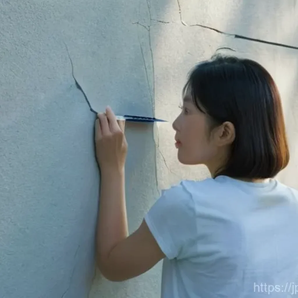 건물 외벽 균열 보수 - A calm, sunlit exterior shot of a modern Japanese house. A young woman in her early 30s, dressed in ...