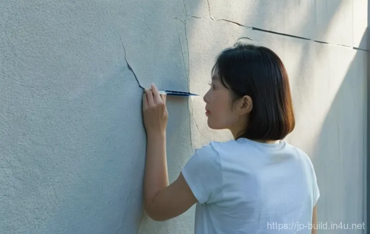 건물 외벽 균열 보수 - A calm, sunlit exterior shot of a modern Japanese house. A young woman in her early 30s, dressed in ...