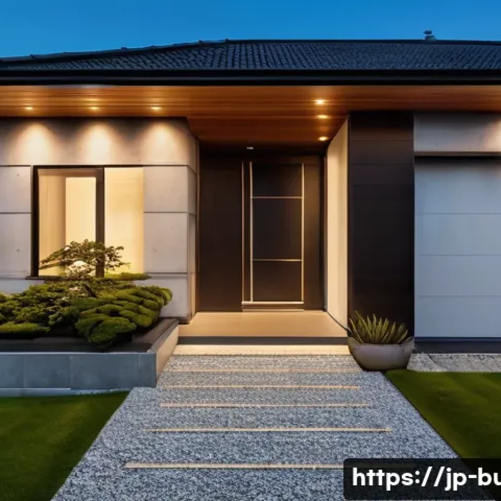 CCTV 설치와 유지보수 - A modern Japanese residential entrance at dusk with a sleek security camera mounted above the doorwa...