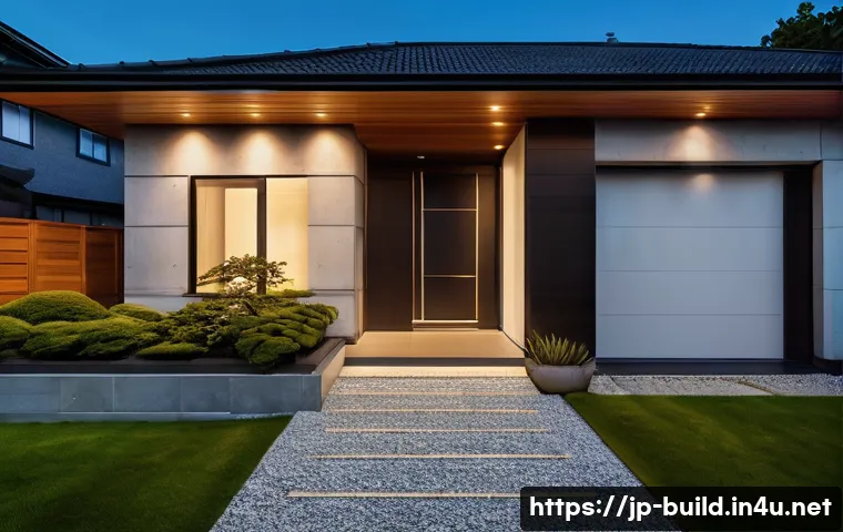 CCTV 설치와 유지보수 - A modern Japanese residential entrance at dusk with a sleek security camera mounted above the doorwa...