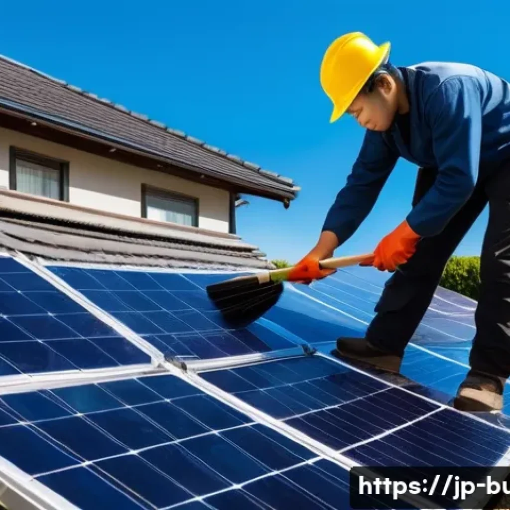 태양광 설비 유지보수 비용 - A detailed outdoor scene of a modern Japanese residential solar panel installation under clear blue ...