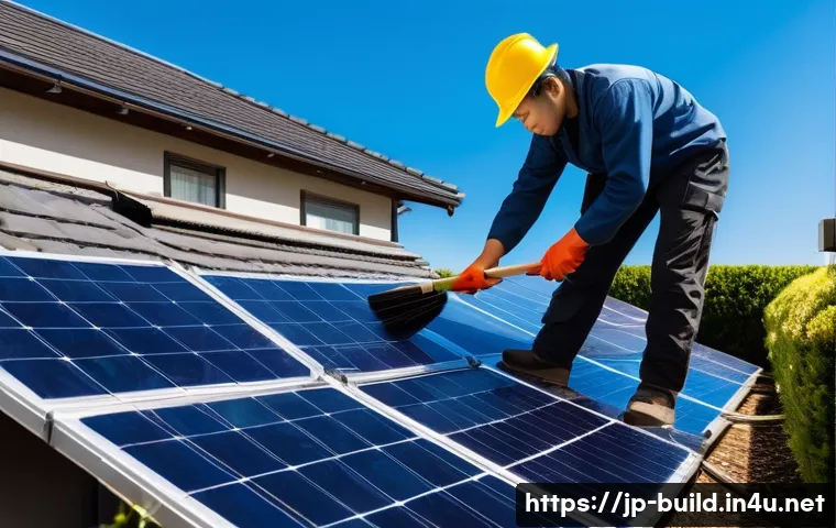태양광 설비 유지보수 비용 - A detailed outdoor scene of a modern Japanese residential solar panel installation under clear blue ...