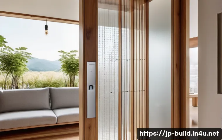 건물 보안 강화 방법 - A modern Japanese home entrance featuring a sleek smart lock system integrated with a smartphone app...
