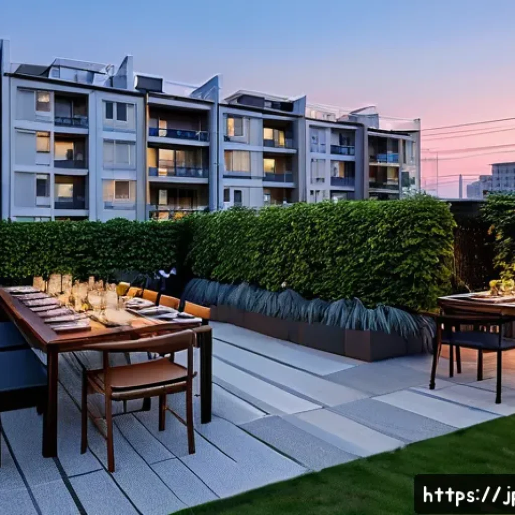 공동시설 이용 규칙 - A modern Japanese condominium shared barbecue area at dusk, clean and well-organized with neatly arr...