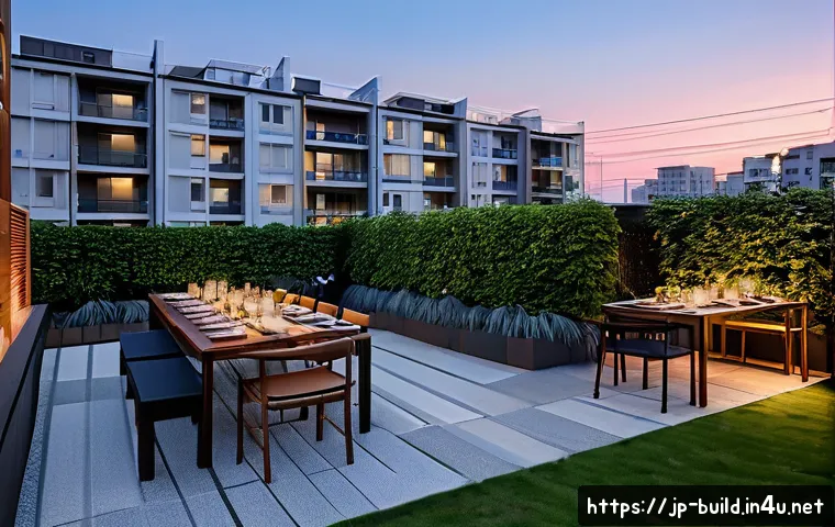 공동시설 이용 규칙 - A modern Japanese condominium shared barbecue area at dusk, clean and well-organized with neatly arr...