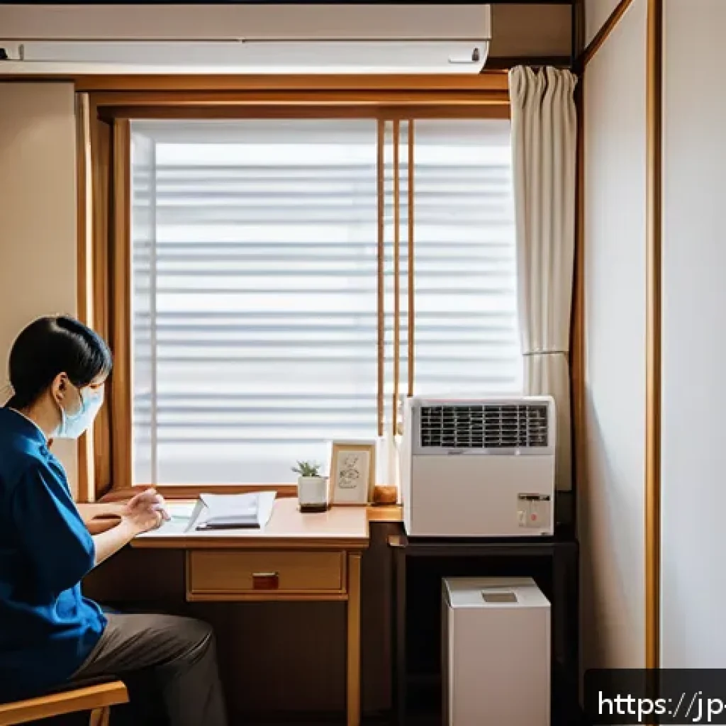 건물 내 냉난방비 분쟁 해결 - A modern Japanese apartment interior with a tenant carefully reviewing a detailed air conditioning a...