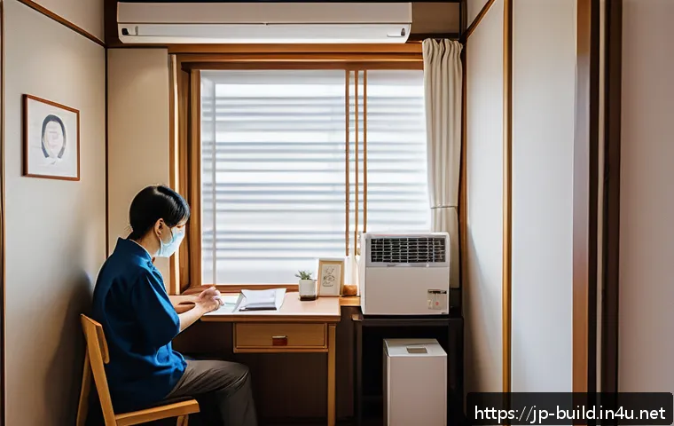 건물 내 냉난방비 분쟁 해결 - A modern Japanese apartment interior with a tenant carefully reviewing a detailed air conditioning a...