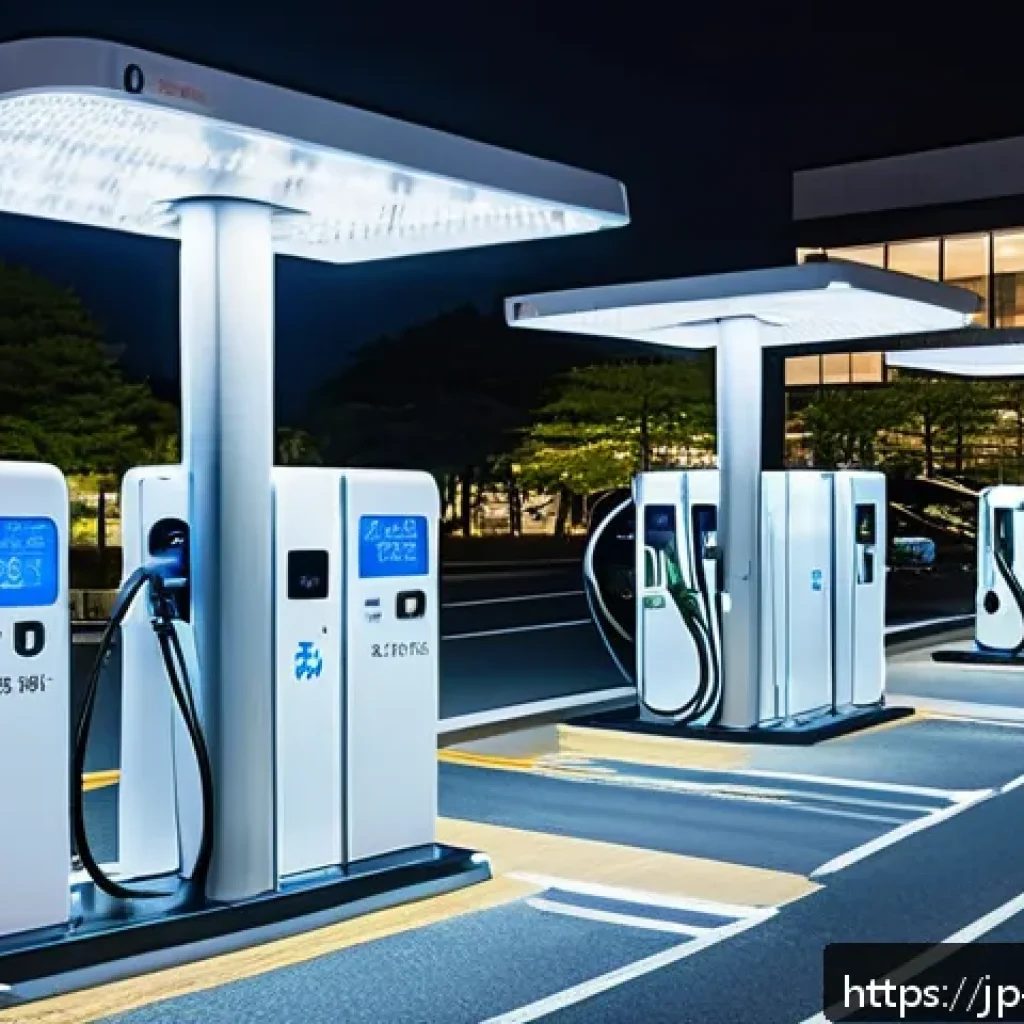 전기차 충전소 설치 관리 - A modern electric vehicle charging station located in a spacious parking lot of a large Japanese sho...