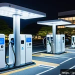 전기차 충전소 설치 관리 - A modern electric vehicle charging station located in a spacious parking lot of a large Japanese sho...