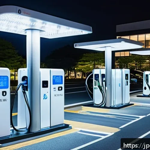 전기차 충전소 설치 관리 - A modern electric vehicle charging station located in a spacious parking lot of a large Japanese sho...