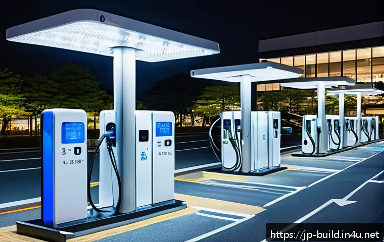 전기차 충전소 설치 관리 - A modern electric vehicle charging station located in a spacious parking lot of a large Japanese sho...